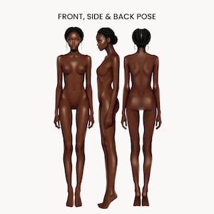 Könnte beinhalten: Ein digitales 3D-Charaktermodell mit dunklem Hautton, dargestellt in drei Ansichten mit der Beschriftung FRONT, SIDE & BACK POSE. Die Figur hat eine schlanke Statur und geflochtenes Haar in einer Hochsteckfrisur, gezeigt in Ganzkörperansicht.