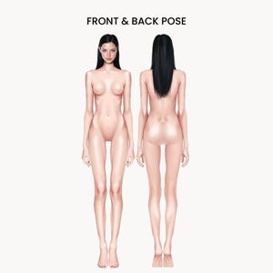 May include: A digital illustration showing a front and back view of a human figure with long dark hair and light skin. The text FRONT & BACK POSE is centered at the top. The figure is depicted in a neutral standing position against a plain background.