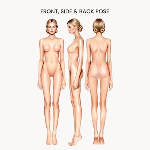 Może przedstawiać: Cyfrowa ilustracja przedstawiająca postać z blond włosami upiętymi w kok w widoku z przodu, z boku i z tyłu. Tekst FRONT, SIDE & BACK POSE znajduje się na środku u góry. Postać jest przedstawiona w neutralnej pozycji stojącej z opuszczonymi rękami.