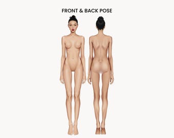 May include: A digital illustration of a human figure shown in a front and back pose, labeled with the text FRONT & BACK POSE. The figure has a light skin tone, dark hair styled in a high bun, and is depicted in a standing position with arms down.