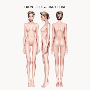 Könnte beinhalten: Eine digitale Illustration einer menschlichen Figur in drei Ansichten: von vorne, von der Seite und von hinten. Die Figur hat helle Haut, blondes Haar in einer Hochsteckfrisur und steht in einer neutralen Haltung. Der Text FRONT, SIDE & BACK POSE steht oben.
