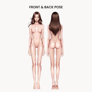 Könnte beinhalten: Eine digitale Illustration, die eine Vorder- und Rückansicht einer menschlichen Figur mit langem braunen Haar zeigt. Der Text FRONT & BACK POSE ist oben zentriert. Die Figur ist in einer neutralen Stehposition dargestellt und zeigt die Anatomie.