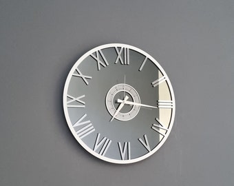 Oversize Silent Mirrored Wall Clock, Decorative Modern Large Plexiglass Wall Clock, Silver Colored Numerals on a Smoked Colored Mirror