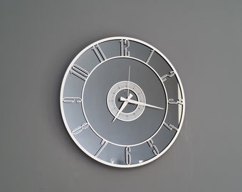 Oversize Silent Mirrored Wall Clock, Decorative Modern Large Plexiglass Wall Clock, Silver Colored Numerals on a Smoked Colored Mirror