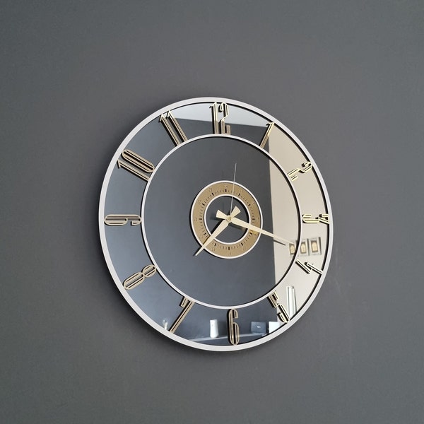 Horloge murale silencieuse surdimensionnée avec miroir, grande horloge murale moderne décorative en plexiglas, chiffres dorés sur miroir fumé