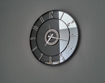 Oversize Silent Mirrored Wall Clock, Decorative Modern Large Plexiglass Wall Clock, Silver Colored Numerals on a Smoked Colored Mirror