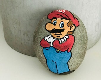 Mario  painted on natural rock ,  handmade mario rock, rock painting, gift idea