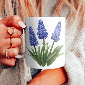 Grape Hyacinth Cute Vector Floral Mug, Botanical Flower Lover Gift, Gift for Her, Gift for Grandma, Birthday Gifts