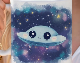 UFO かわいい宇宙船 ギャラクシー 宇宙テーマ マグカップ、地球外コーヒーカップ、魅力的な SF 宇宙愛好家へのギフト、気まぐれなパステル スパークリング トーン