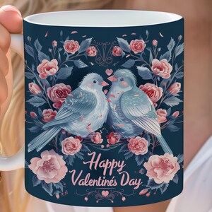 Lovebirds Valentines Day Romantic Gift Idea for Her, Cute Pastel Floral Couples Celebration Anniversary Heart Chic Coquette Design Mug