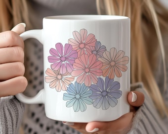 Pastel Floral Coffee Mug: Boho Daisy Design, Spring Wildflower Art