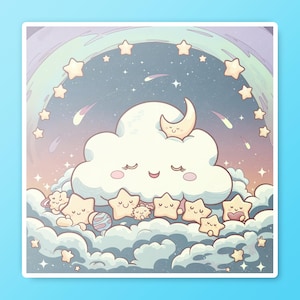 Kawaii Sleeping Cloud and Stars Sticker - Cute Pastel Celestial Vinyl Sticker - Dreamy Aesthetic Moon & Stars Decal Whimsical Night Sky Gift