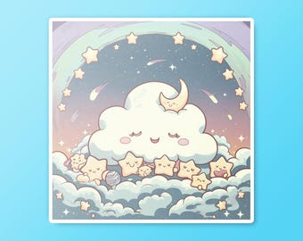 Naklejka winylowa Kawaii „Śpiąca chmurka” – pastelowe gwiazdy, księżyc, marzycielskie nocne niebo