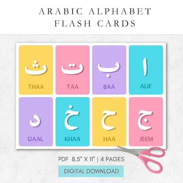 Lernkarten zum arabischen Alphabet, arabisches Alphabet, arabische Lernkarten, druckbare Lernkarten, arabische Buchstaben, islamische Ressource für Kinder, Arabisch lernen