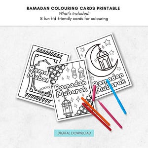 May include: Printable Ramadan coloring cards with the text "Ramadan Mubarak" and illustrations of a prayer rug, lanterns, and a crescent moon. Includes colored pencils and the text "DIGITAL DOWNLOAD".