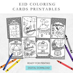 Eid-kleurkaarten, doe-het-zelf-eidkaarten, Eid-kinderactiviteiten, Eid Mubarak-kaarten, afdrukbare Eid Mubarak-kaarten, islamitische kaarten digitale download