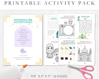 May include: A printable activity pack for Ramadan and Eid. The pack includes 16 pages of activities such as word searches, mazes, coloring pages, and more. The pack is 8.5 inches by 11 inches and is a digital download.