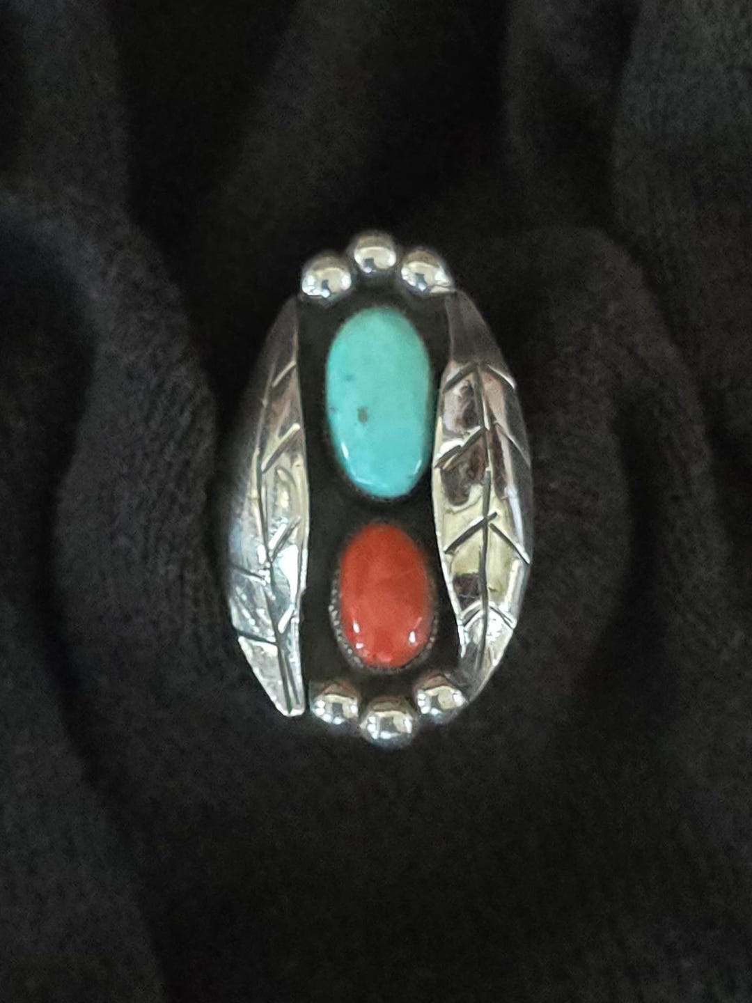 Vintage Navajo Sterling Silver Statement Ring With Turquoise and Coral ...
