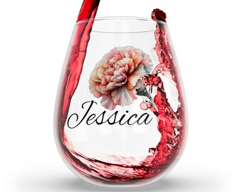 Personalized Birth Flower Stemless Wine Glass With Name ,Personalized Birth Flower Tumbler, Bridesmaid Proposal, Gifts for Her, Glass Mugs