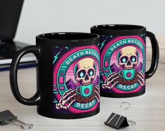 Death Before Decaf Synthwave Mug, Coffee, Hot Tea, 80s Lover Gift, Premium Mug