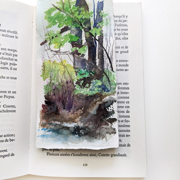 Marque page aquarelle véritable fait 100% à la main, arbres dans un forêt, signée