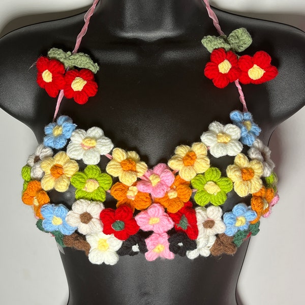 Crochet flowers bra-   custom made bra,  bead bra beaded bra, beaded top knitted , body jewellery, gift for her, handmade, gift for her