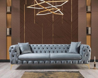 Meubles modernes de salon de polyester d'acier inoxydable de meubles de Chesterfield de trois places