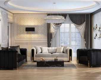 Moderne Sofagarnitur 2x Dreisitzer + Sessel Polstermöbel Edelstahl möbel 3tlg
