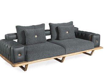 Canapé Salon Canapé Trois Places En Bois Chesterfield Textile Moderne Gris