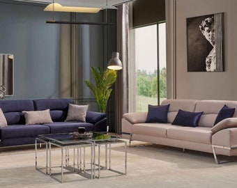 Dreisitzer Garnitur Sofagarnitur 33 Sitzer Stoff Luxus Blau Set GArnituren