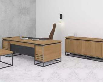 Mobiliario de oficina marrón conjunto de muebles completo mesa estudio 3 piezas. colocar