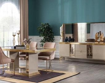 Dining room set table 4x chairs sideboard with mirror set furniture 8pcs.