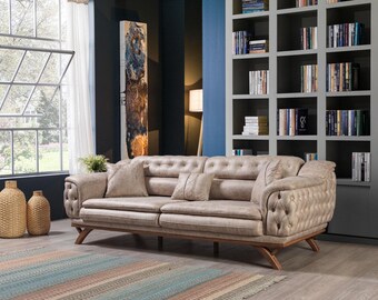 Chesterfield 3 Sitzer Beige Design Couchen Polster Sofas Couch