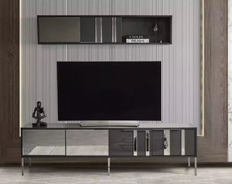 Luxury Modern Wall Unit Lowboard Grey Wall Cabinet Living Room 2pcs. New