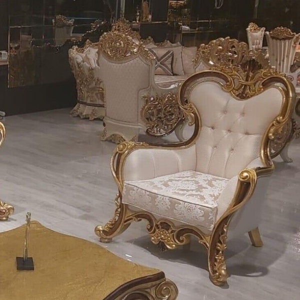 Fauteuil à oreilles luxe tissu siège places design tapisserie baroque textile baroque