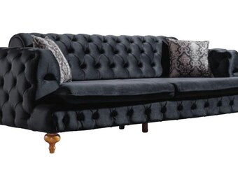 Canapé Chesterfield de luxe trois places en velours noir, mobilier en textile, nouveau