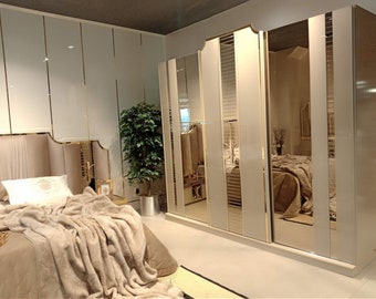 Schlafzimmer Luxus Kleiderschrank beige Holz Design neu Modern Möbel