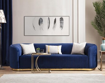 Edelstahl Dreisitzer Luxus Sofa Blau Wohnzimmermöbel Polstersofas Couchen