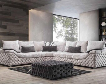 Ecksofa Beige Design Couch Holz mit Textil Wohnzimmer L Form Sofas Neu