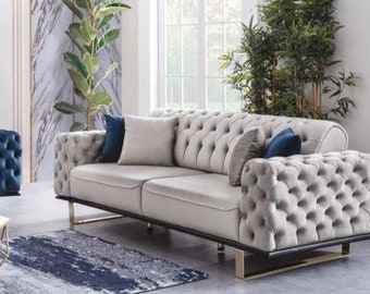 Graue Chesterfield Couch Möbel Sofa Wohnzimmer Luxus Einrichtung 230cm