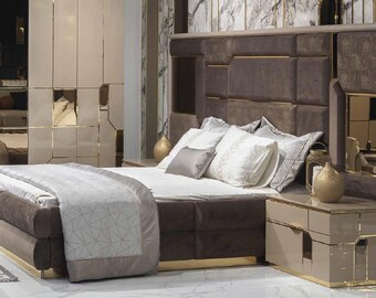 Bett Polster Bettrahmen Möbel Design Doppelbett Luxus Schlafzimmer Holz Textil