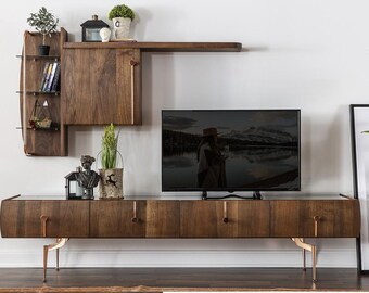 Wall unit RTV Lowboard TV stand Sideboard set Brown wooden shelves