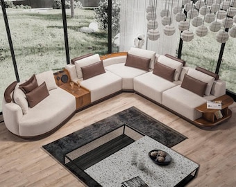 Beige living room corner sofa Exclusive L-shape couch Modern wooden frame