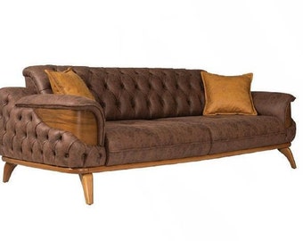 Canapé Chesterfield trois places de luxe, meubles marron, revêtement en cuir, nouveau