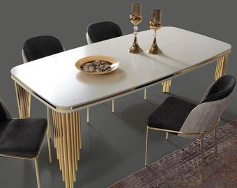 Eetkamertafel eethoek eetkamer meubel tafel hout goud wit