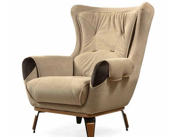 Fauteuil Assise Classique TV Salon Rembourrage Monoplace Tissu Beige Luxe