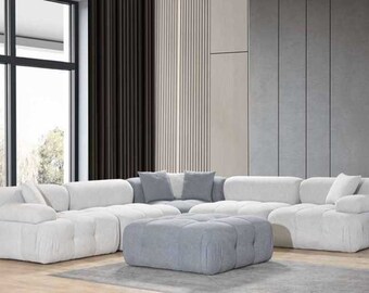 Wohnzimmer L-Form Weißes Sofa Ecksofa Moderne Couch+Hocker Luxus Möbel