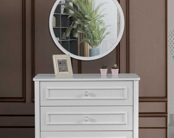 Meuble chambre enfant miroir rond design commode de luxe en bois blanc 2 pièces