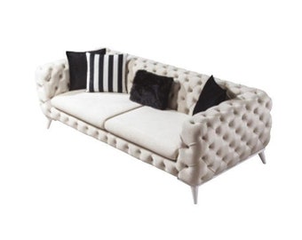 Canapé 3 places blanc meuble de luxe meuble Chesterfield textile style italien neuf