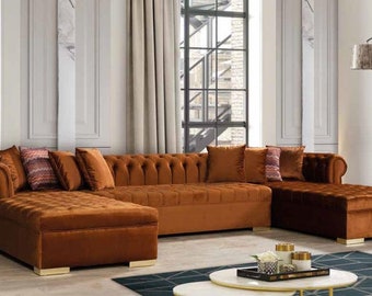 Chesterfield Wohnlandschaft Ecksofa Couch Orange Samt Stoff Eckcouch Möbel